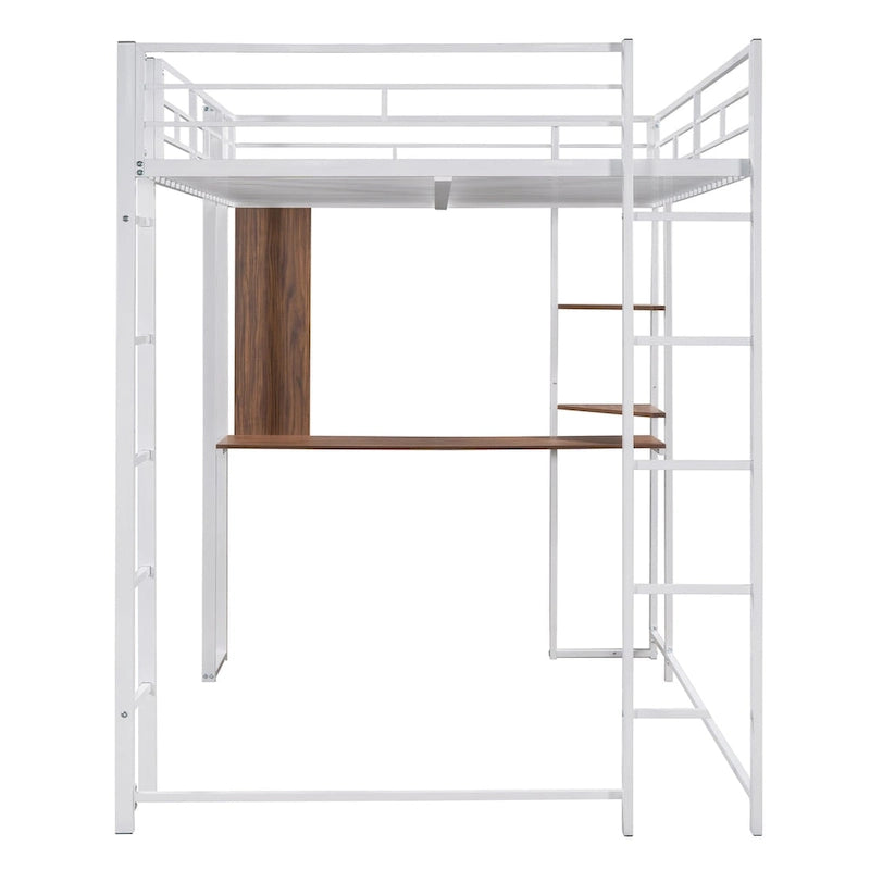 Metal Loft Bed with 2 Shelves and 1 Desk
