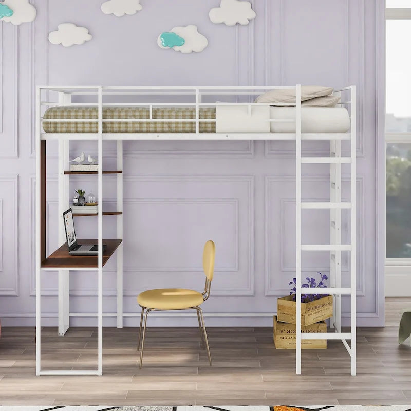 Metal Loft Bed with 2 Shelves and 1 Desk