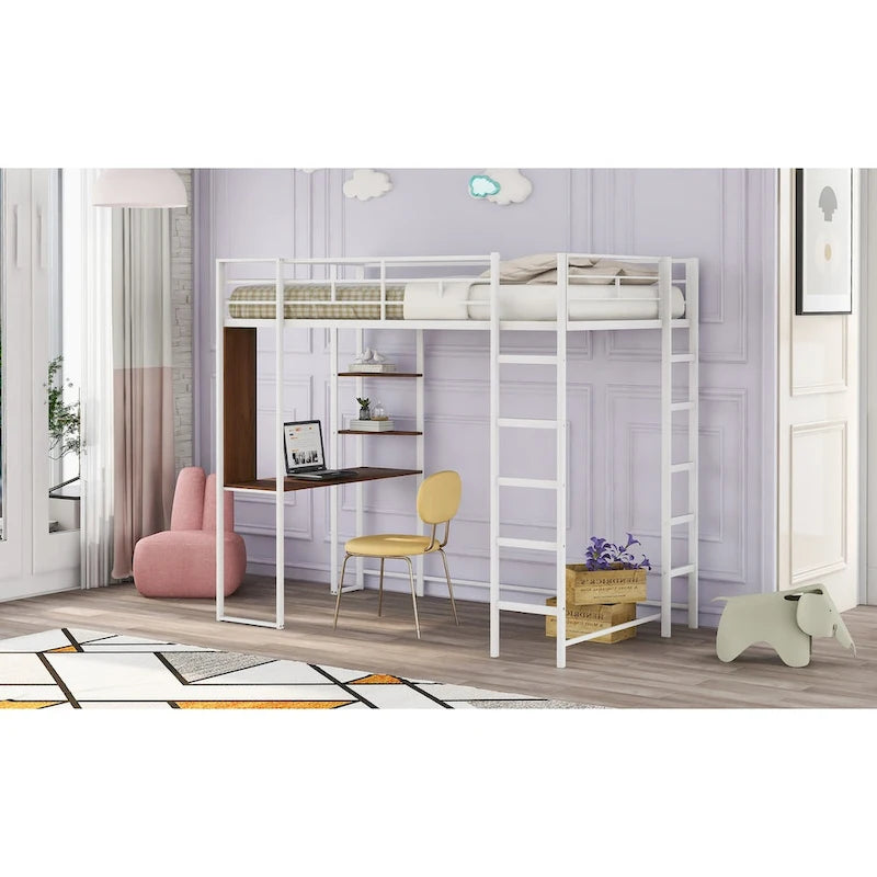 Metal Loft Bed with 2 Shelves and 1 Desk