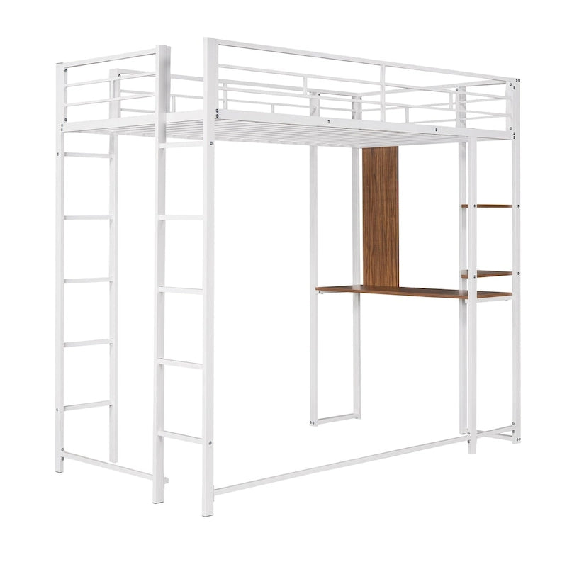 Metal Loft Bed with 2 Shelves and 1 Desk