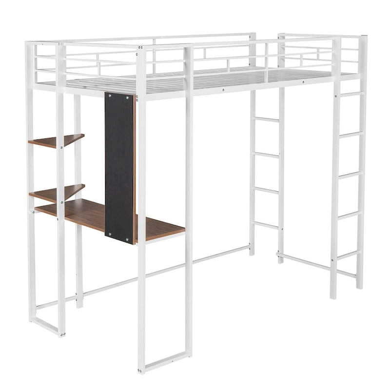 Metal Loft Bed with 2 Shelves and 1 Desk