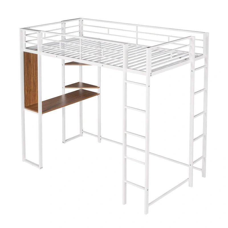 Metal Loft Bed with 2 Shelves and 1 Desk