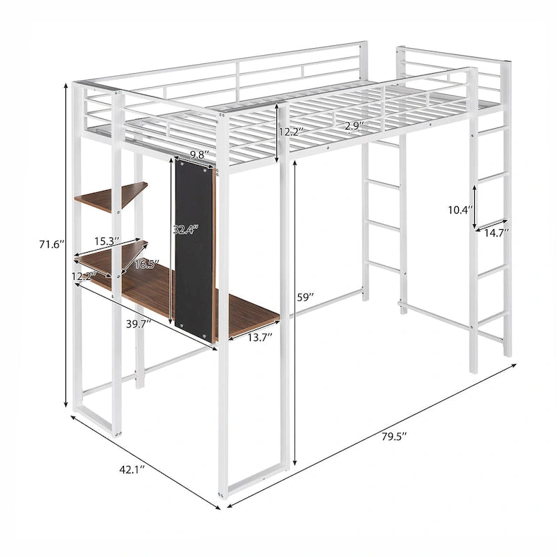 Metal Loft Bed with 2 Shelves and 1 Desk