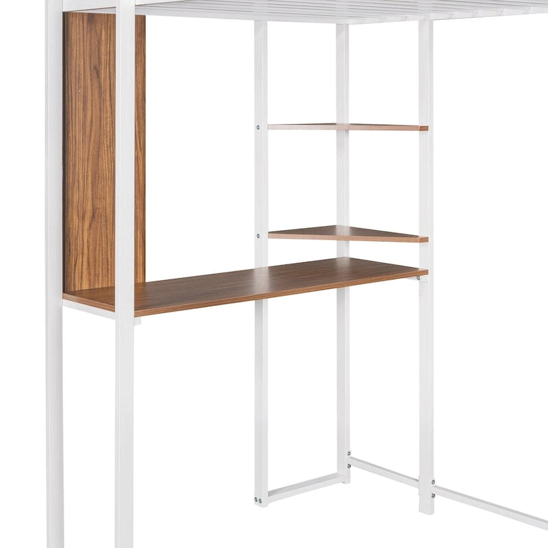Metal Loft Bed with 2 Shelves and 1 Desk