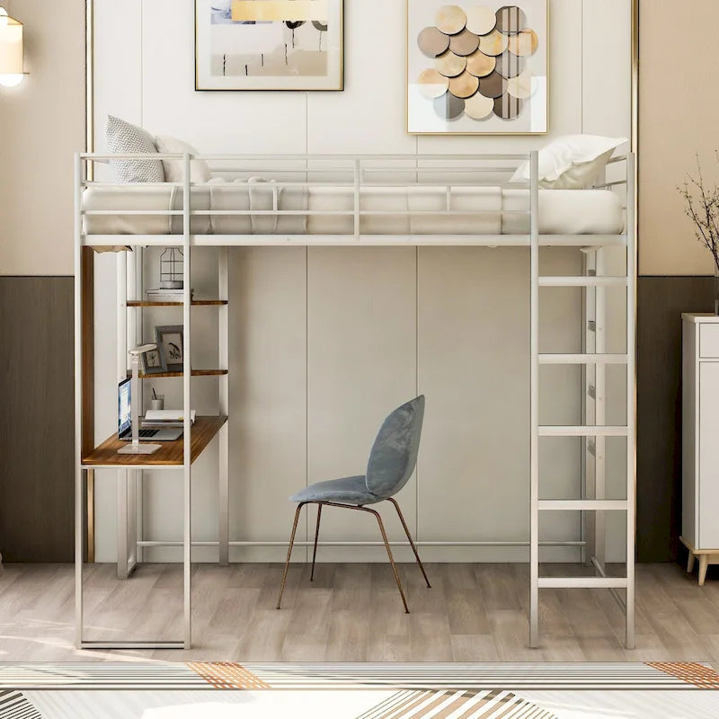 Metal Loft Bed with 2 Shelves and 1 Desk