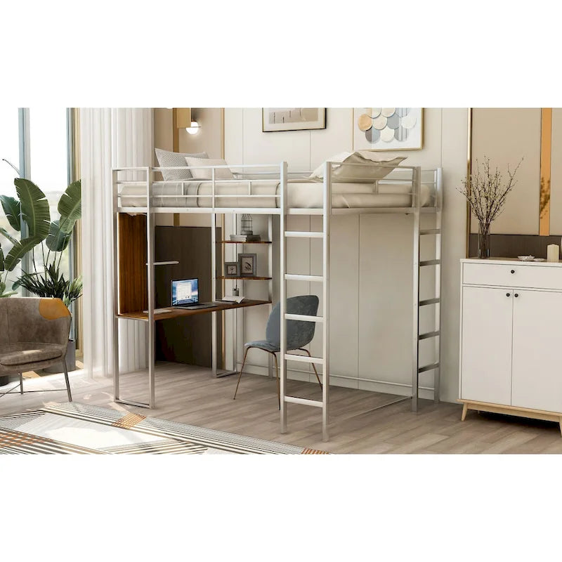 Metal Loft Bed with 2 Shelves and 1 Desk
