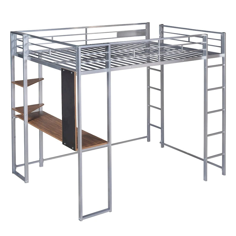 Metal Loft Bed with 2 Shelves and 1 Desk