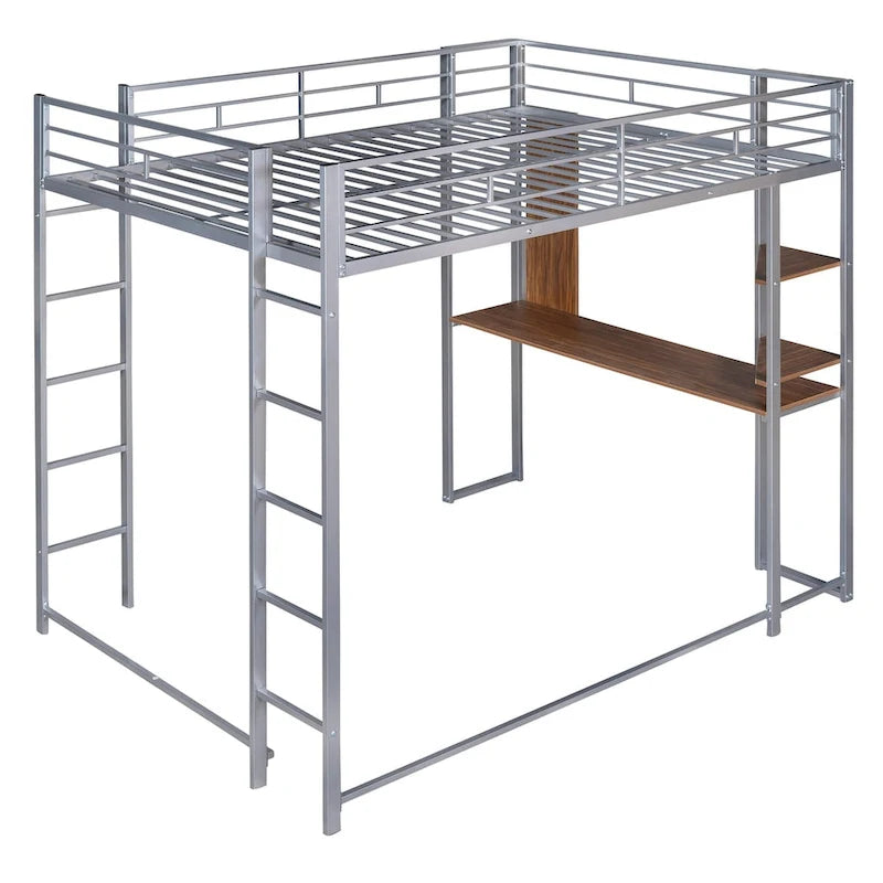 Metal Loft Bed with 2 Shelves and 1 Desk