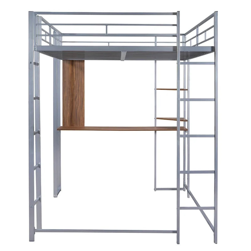 Metal Loft Bed with 2 Shelves and 1 Desk