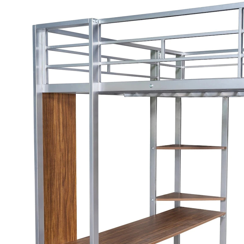 Metal Loft Bed with 2 Shelves and 1 Desk