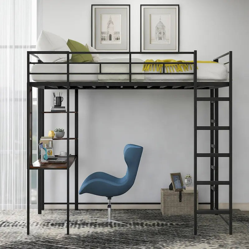 Metal Loft Bed with 2 Shelves and 1 Desk