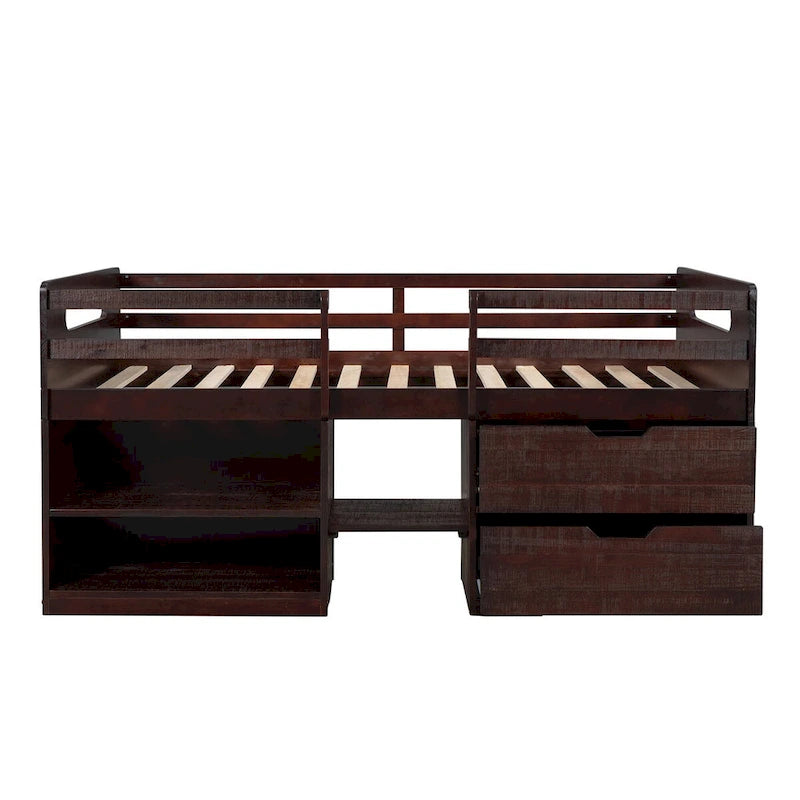 Solid Wood Twin Size Loft Bed with Two Shelves and Two Drawers