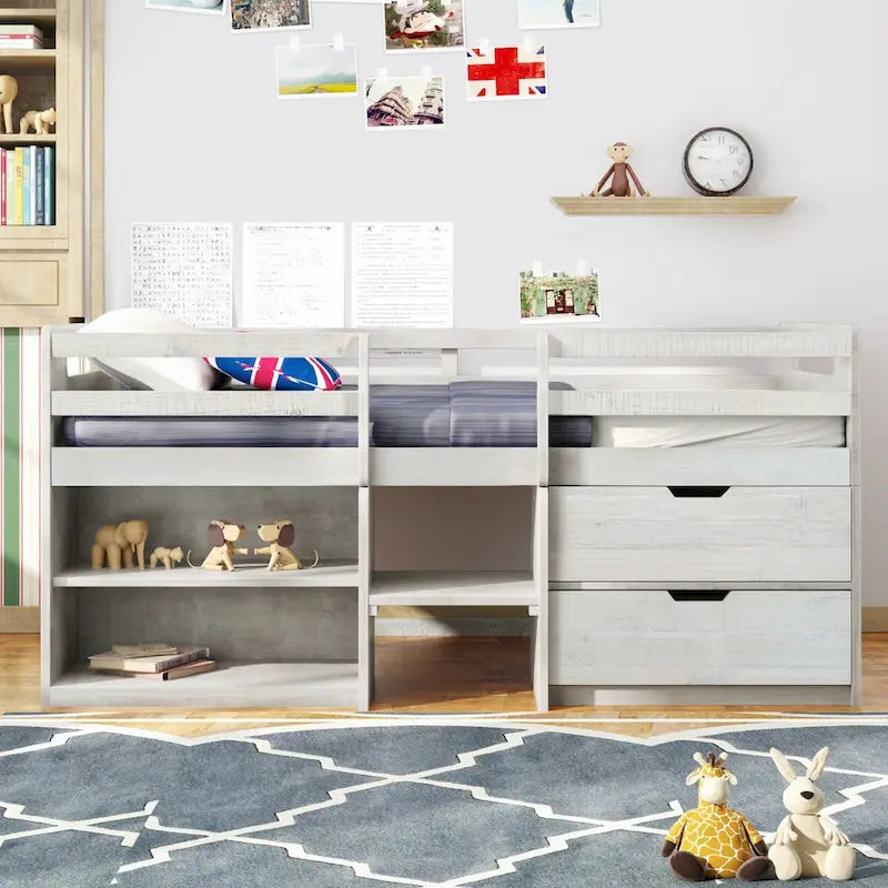 Solid Wood Twin Size Loft Bed with Two Shelves and Two Drawers