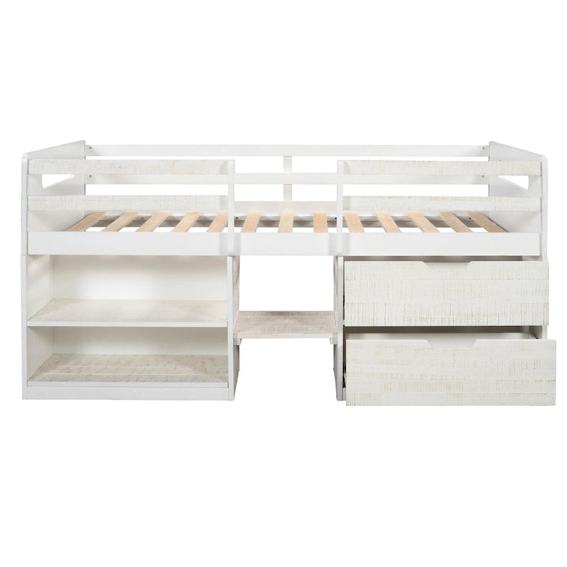 Solid Wood Twin Size Loft Bed with Two Shelves and Two Drawers