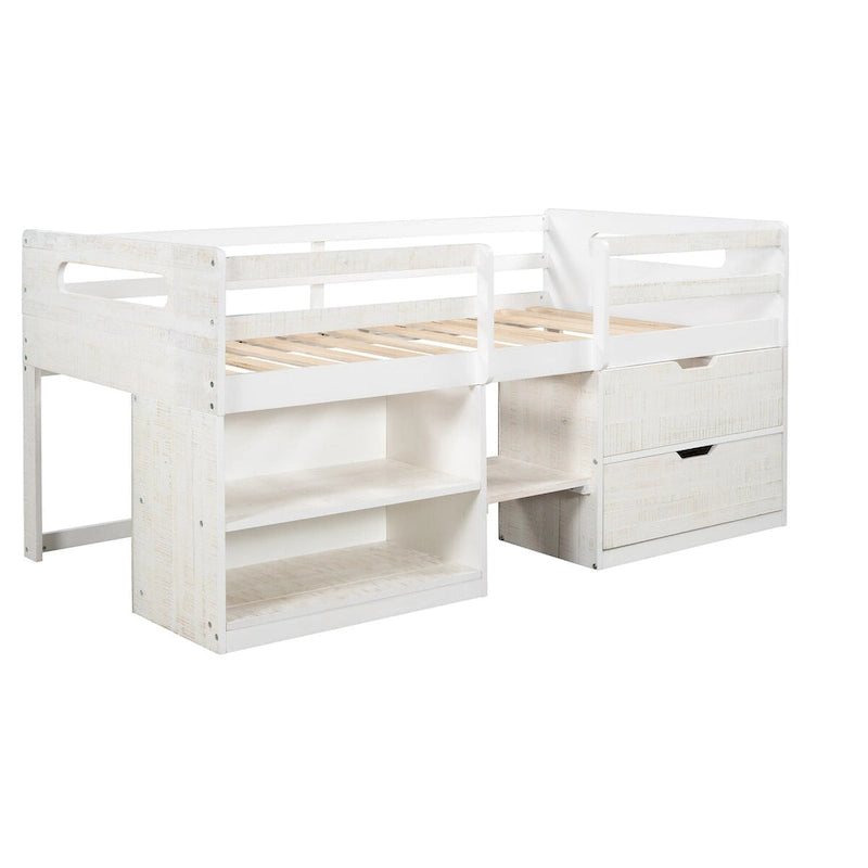 Solid Wood Twin Size Loft Bed with Two Shelves and Two Drawers