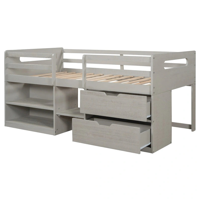 Solid Wood Twin Size Loft Bed with Two Shelves and Two Drawers