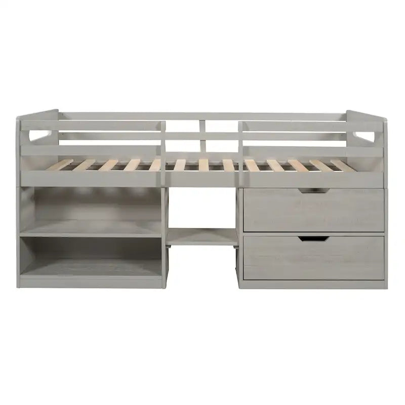 Solid Wood Twin Size Loft Bed with Two Shelves and Two Drawers