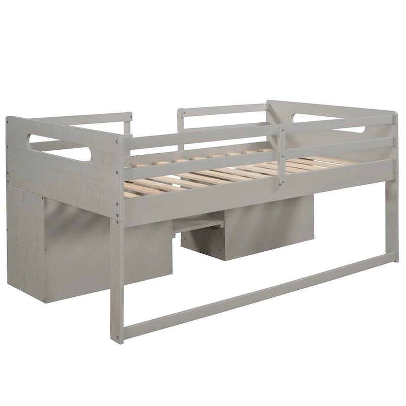 Solid Wood Twin Size Loft Bed with Two Shelves and Two Drawers