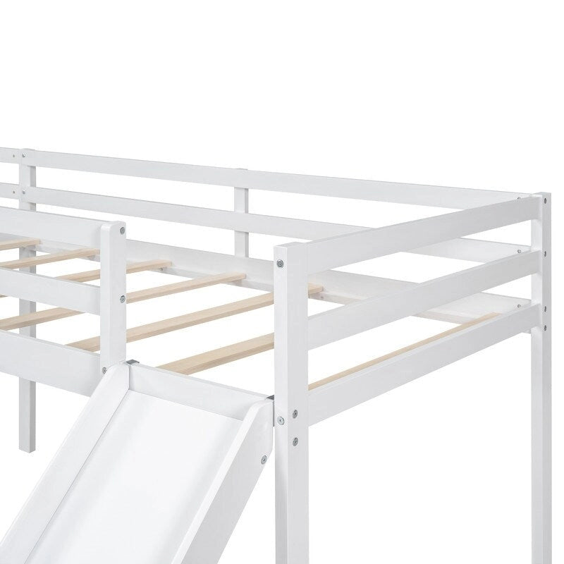 L-Shaped Twin Size Wood Loft Bed with Ladder and Slide