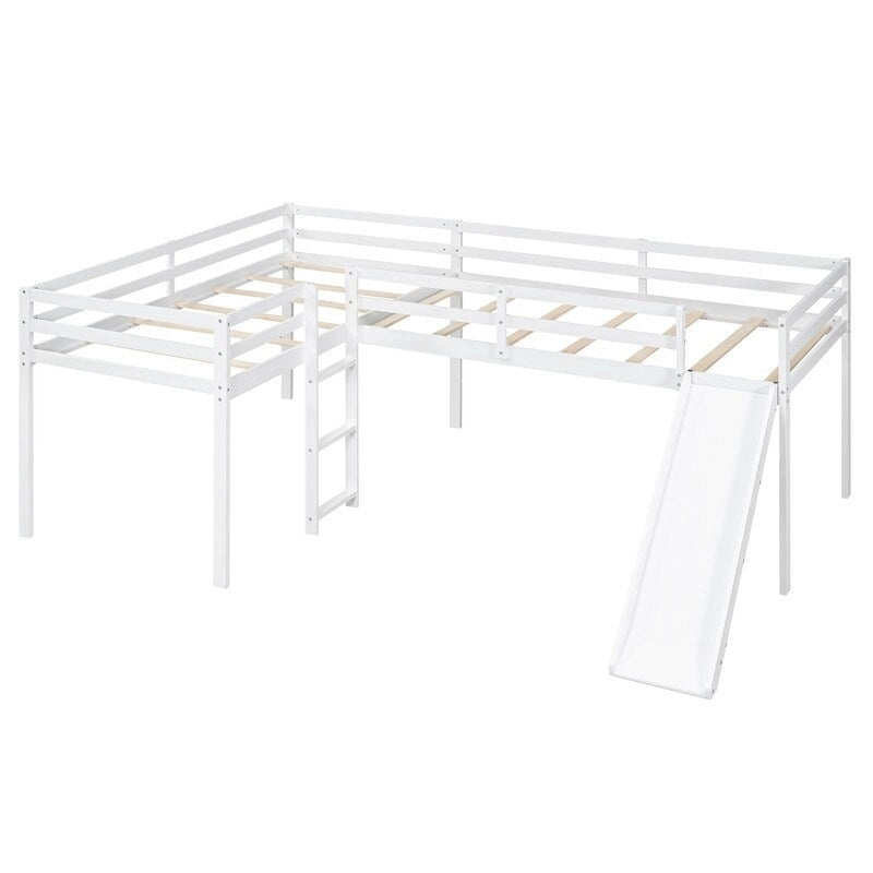 L-Shaped Twin Size Wood Loft Bed with Ladder and Slide