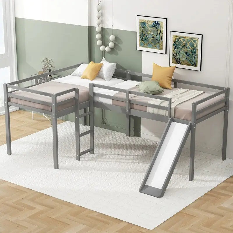 L-Shaped Twin Size Wood Loft Bed with Ladder and Slide