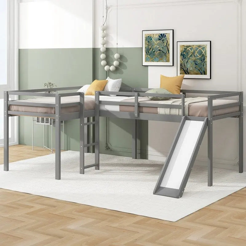 L-Shaped Twin Size Wood Loft Bed with Ladder and Slide
