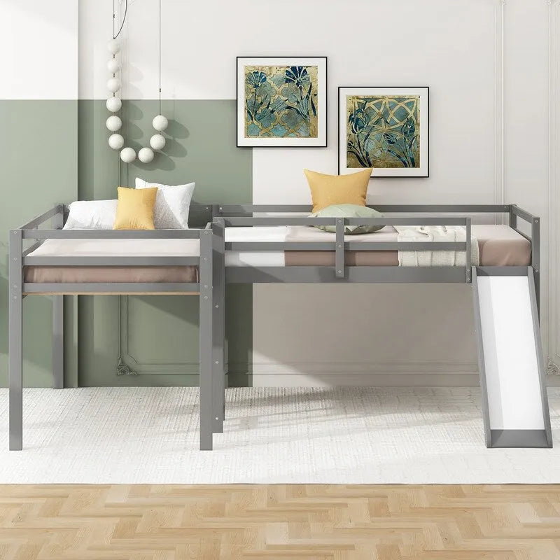 L-Shaped Twin Size Wood Loft Bed with Ladder and Slide