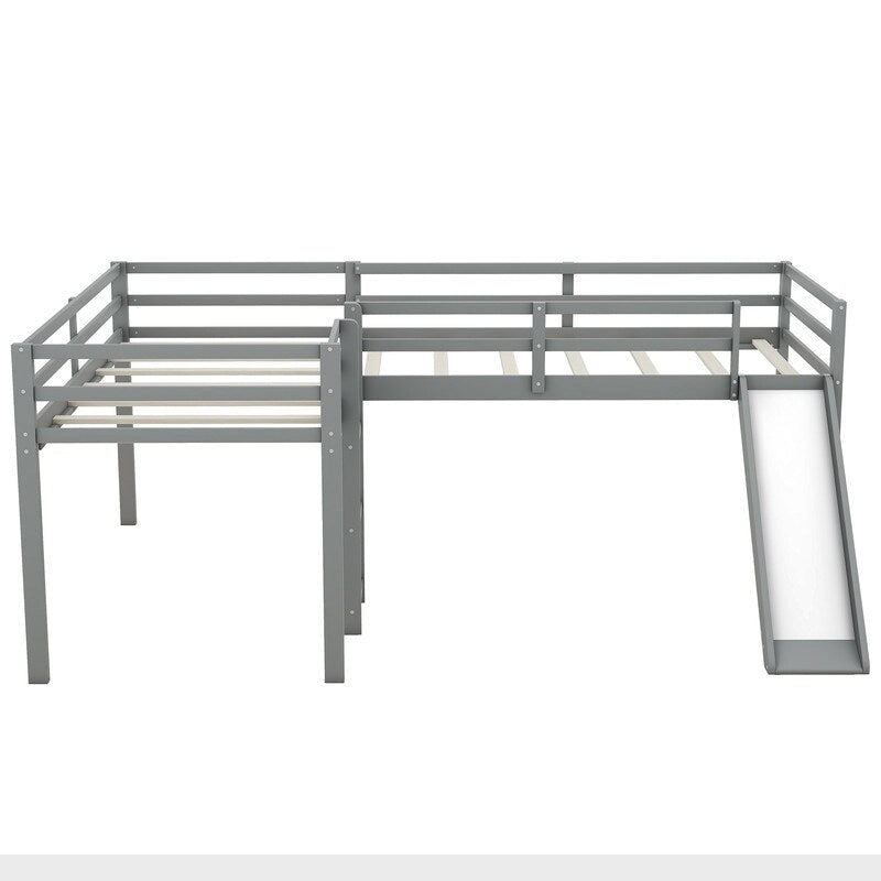 L-Shaped Twin Size Wood Loft Bed with Ladder and Slide