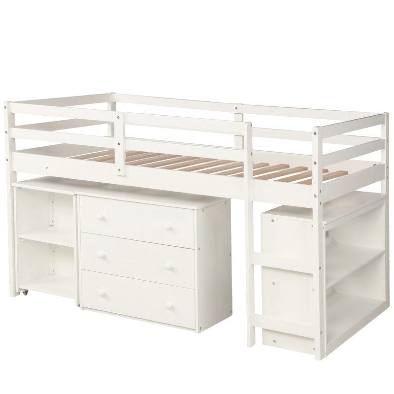 Twin Size Low Loft Bed with Cabinet and Rolling Portable Desk