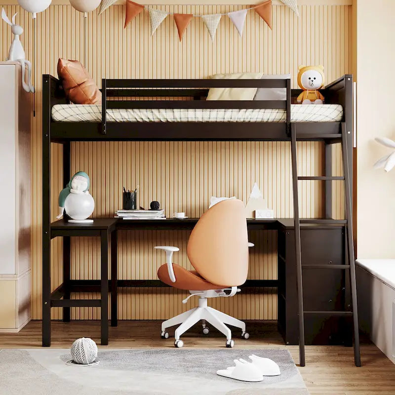 Wood Twin Loft Bed with Desk and Shelves