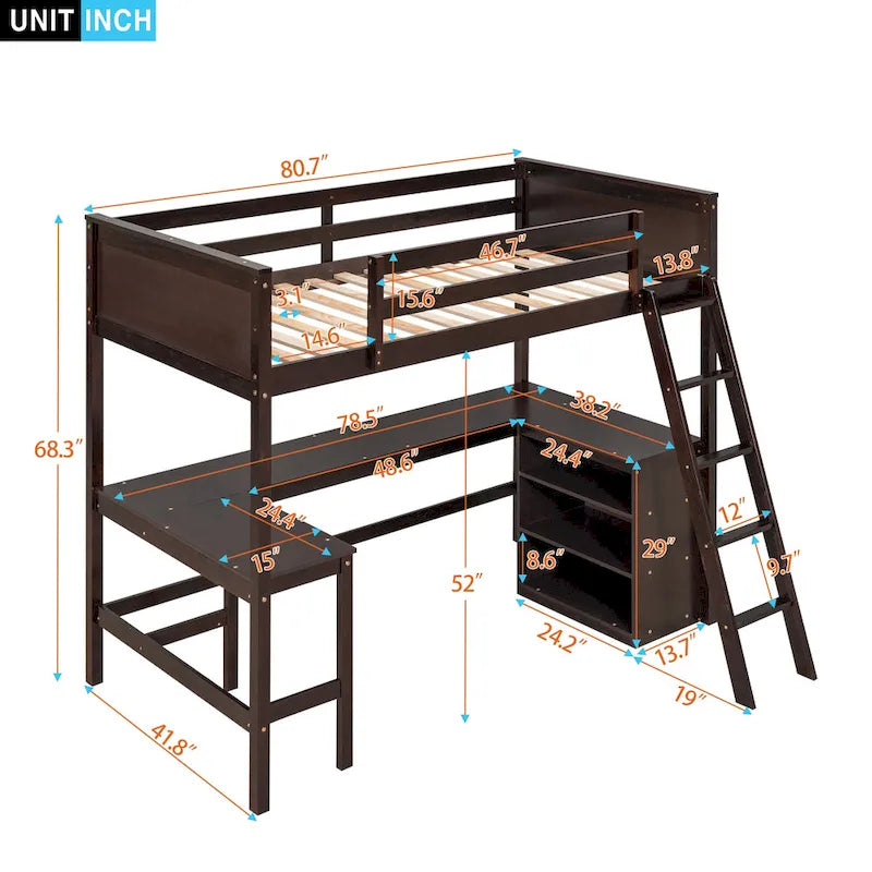 Wood Twin Loft Bed with Desk and Shelves