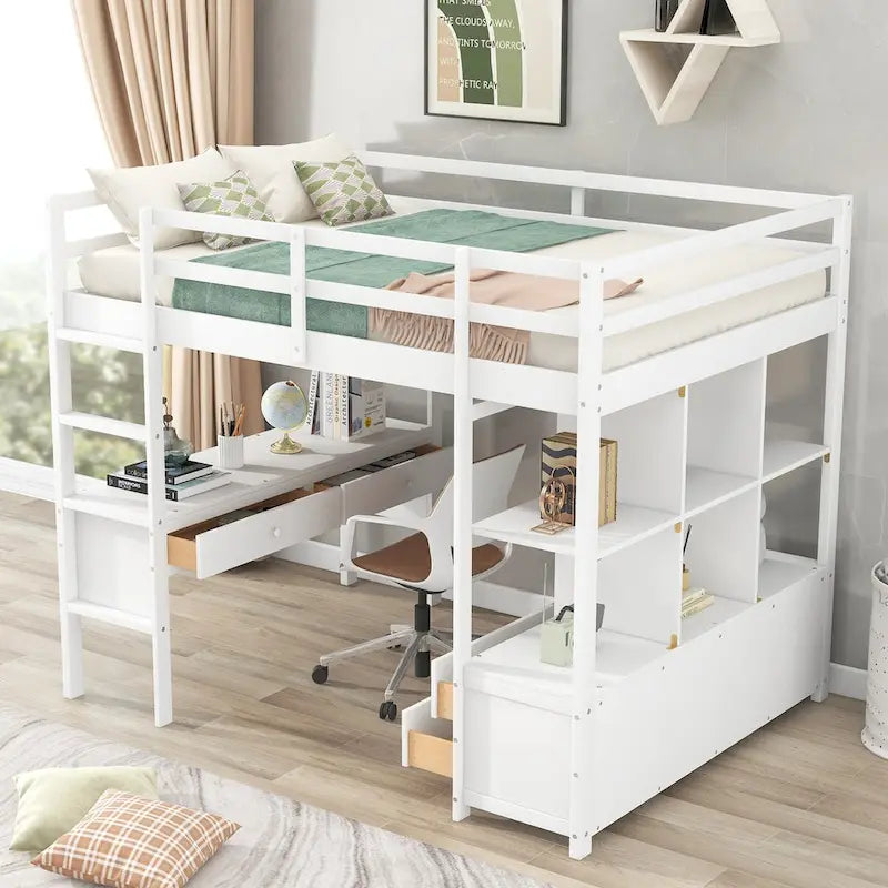 Pinewood Loft Bed with Built-in Desk, Drawers, Shelves, and Storage Cabinets