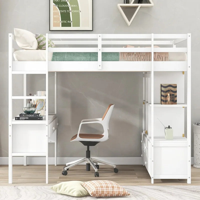Pinewood Loft Bed with Built-in Desk, Drawers, Shelves, and Storage Cabinets