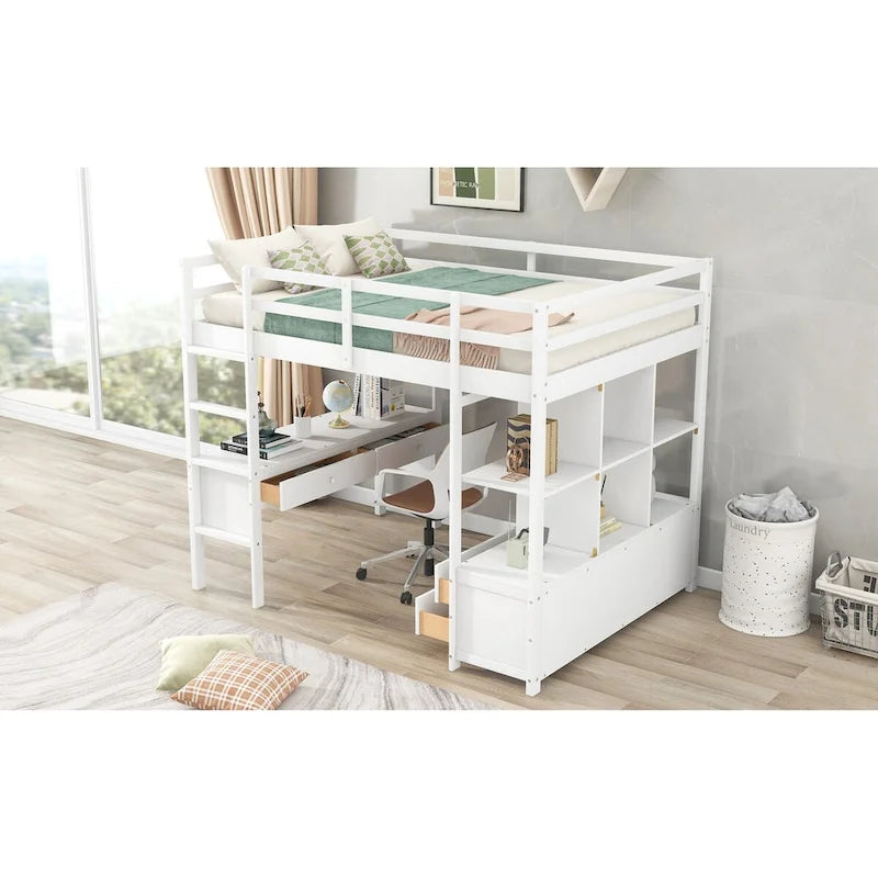 Pinewood Loft Bed with Built-in Desk, Drawers, Shelves, and Storage Cabinets