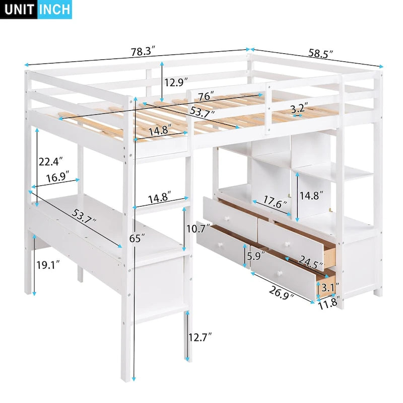 Pinewood Loft Bed with Built-in Desk, Drawers, Shelves, and Storage Cabinets