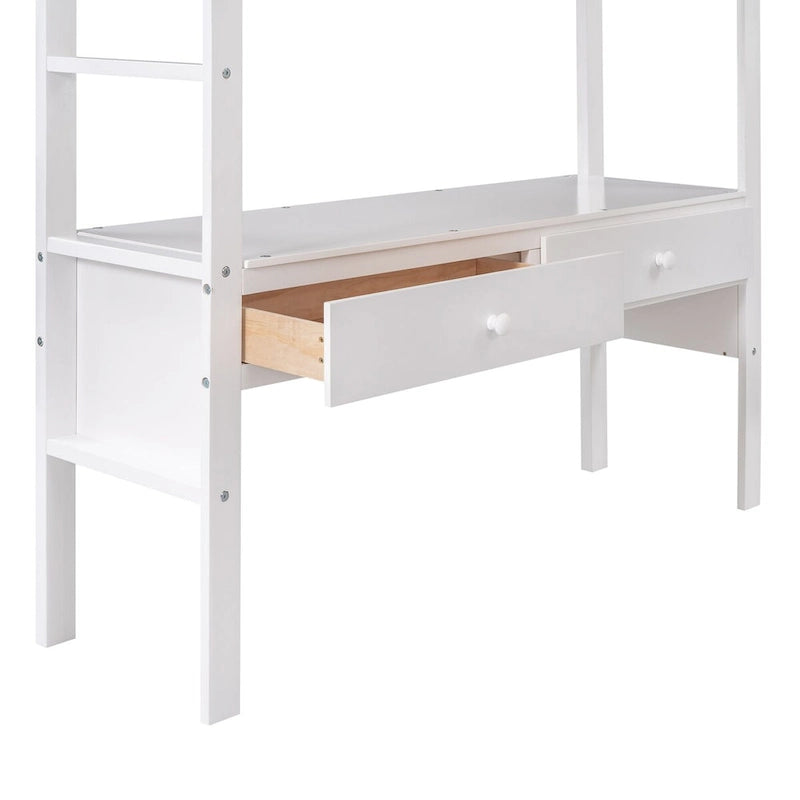 Pinewood Loft Bed with Built-in Desk, Drawers, Shelves, and Storage Cabinets