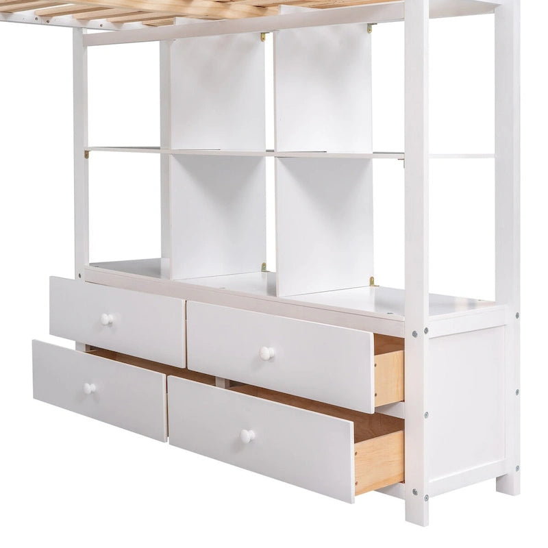 Pinewood Loft Bed with Built-in Desk, Drawers, Shelves, and Storage Cabinets
