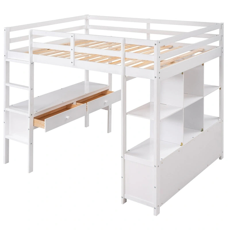 Pinewood Loft Bed with Built-in Desk, Drawers, Shelves, and Storage Cabinets