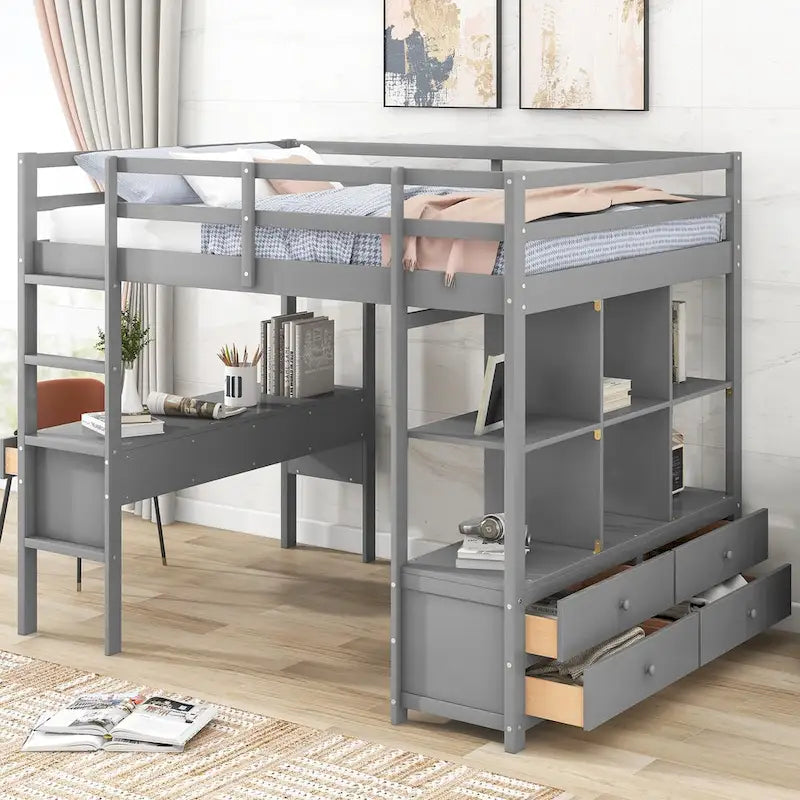 Pinewood Loft Bed with Built-in Desk, Drawers, Shelves, and Storage Cabinets