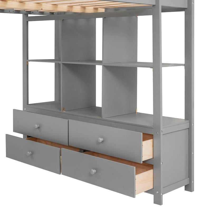 Pinewood Loft Bed with Built-in Desk, Drawers, Shelves, and Storage Cabinets