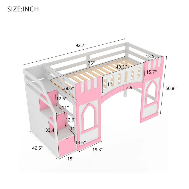 Twin Size Loft Bed with Storage Staircase and Window