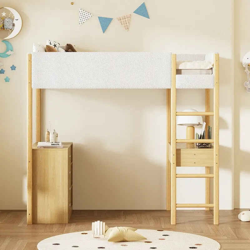 Twin Size Teddy Fleece Loft Bed with Desk and Drawers