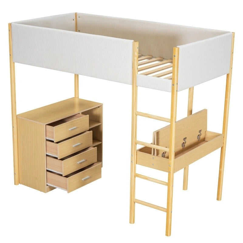 Twin Size Teddy Fleece Loft Bed with Desk and Drawers