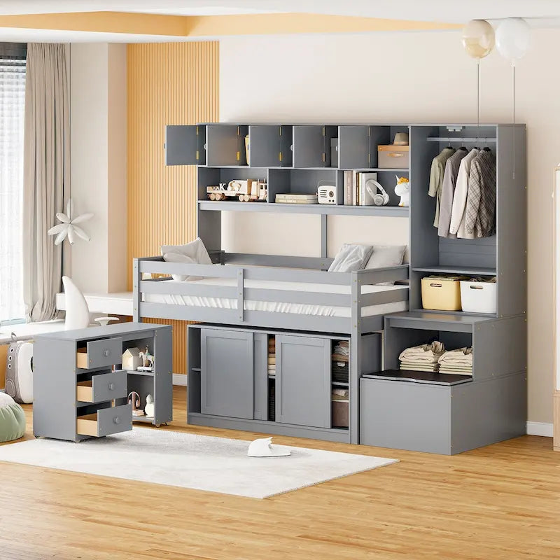 Nestfair Twin Size Wooden Loft Bed Big Storage with Under-bed Desk