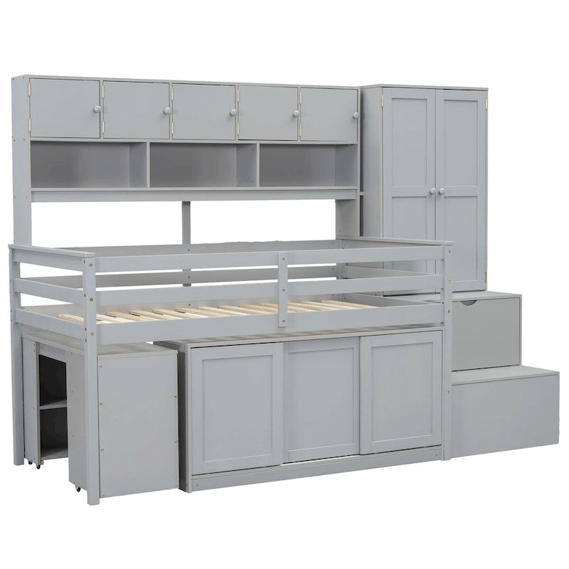 Nestfair Twin Size Wooden Loft Bed Big Storage with Under-bed Desk