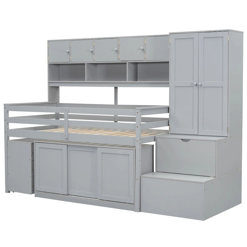 Nestfair Twin Size Wooden Loft Bed Big Storage with Under-bed Desk
