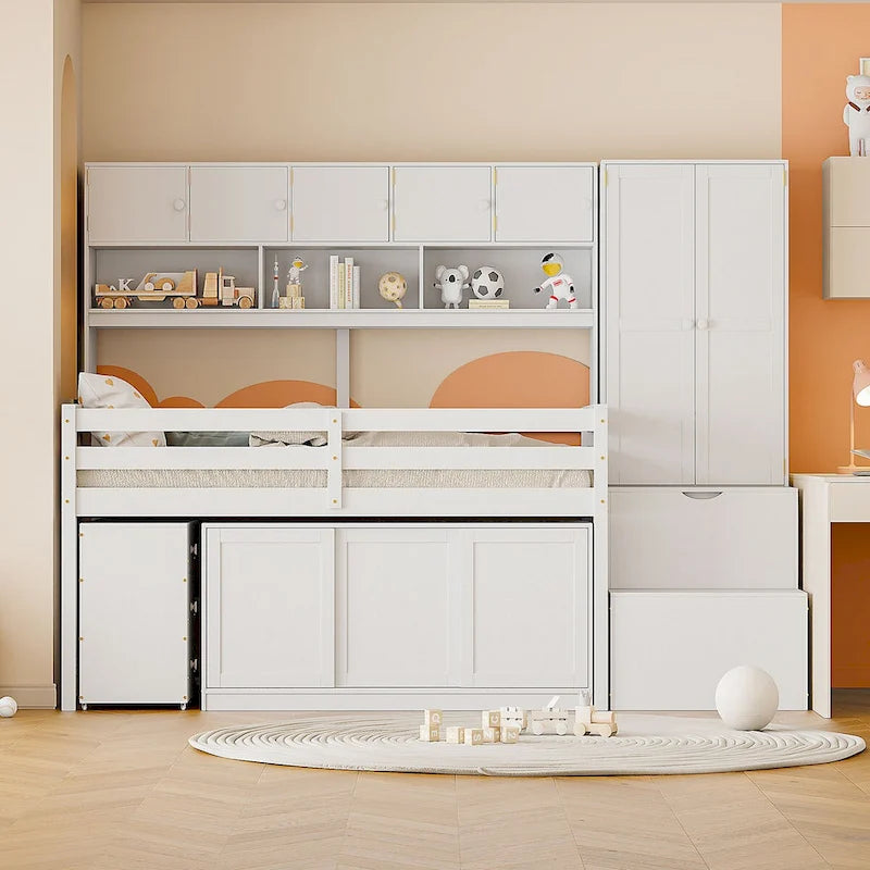 Nestfair Twin Size Wooden Loft Bed Big Storage with Under-bed Desk