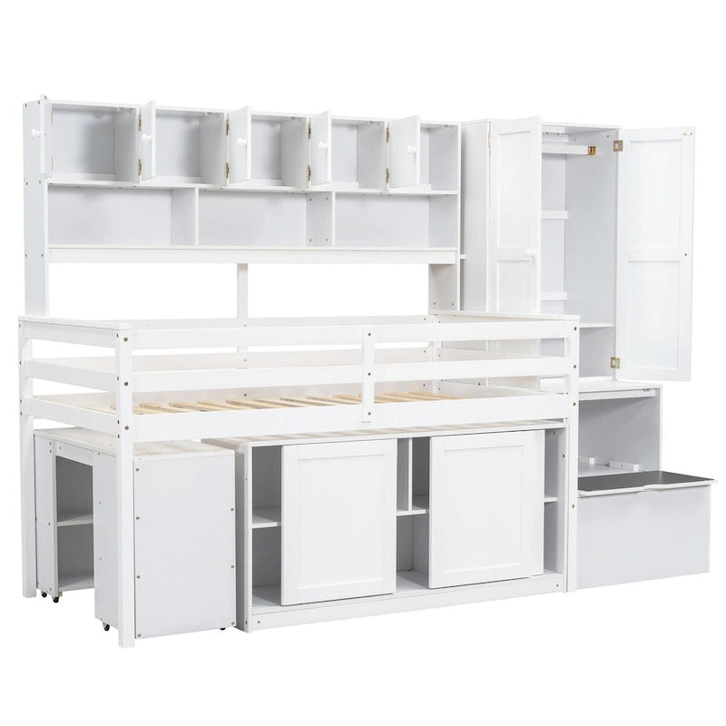 Nestfair Twin Size Wooden Loft Bed Big Storage with Under-bed Desk
