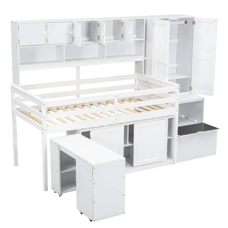 Nestfair Twin Size Wooden Loft Bed Big Storage with Under-bed Desk