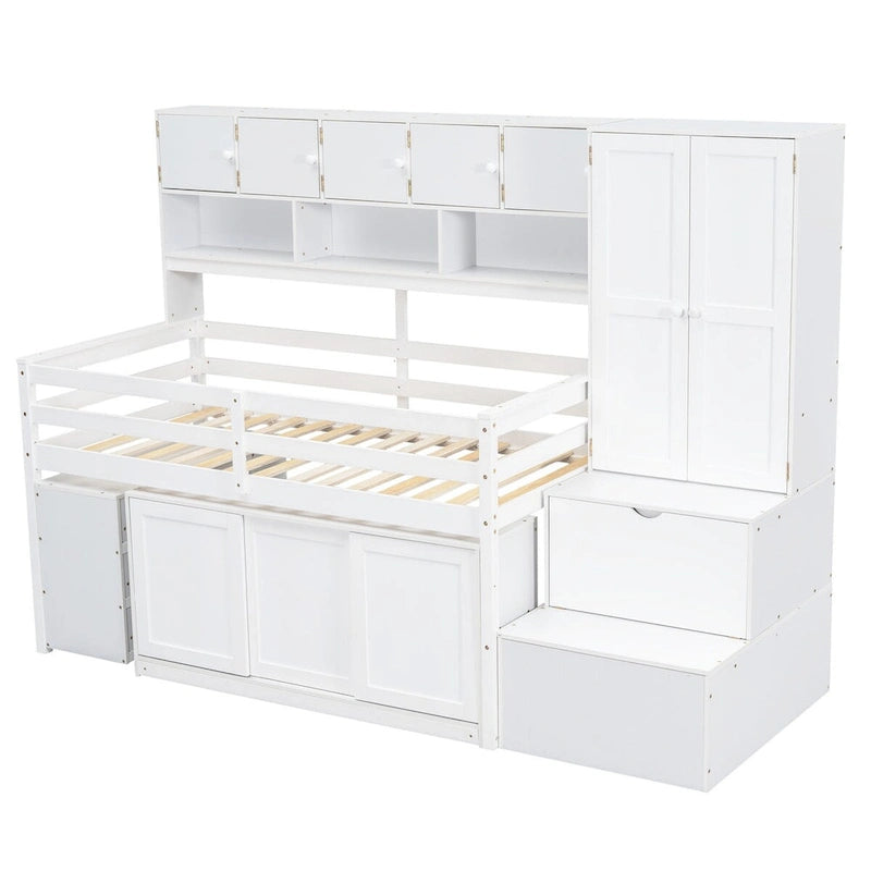 Nestfair Twin Size Wooden Loft Bed Big Storage with Under-bed Desk